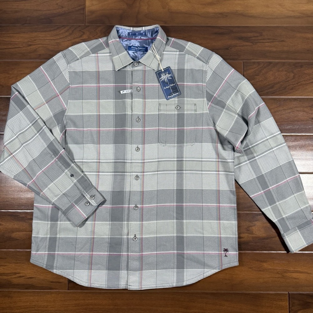 Tommy Bahama Men's Size XLT Grey Canyon Beach Flannel Shirt Pebble Cay Plaid